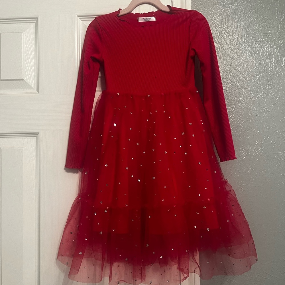Girls' Red With Stars/ Moon Sparkle Tulle Dress - Kids Casual 4T